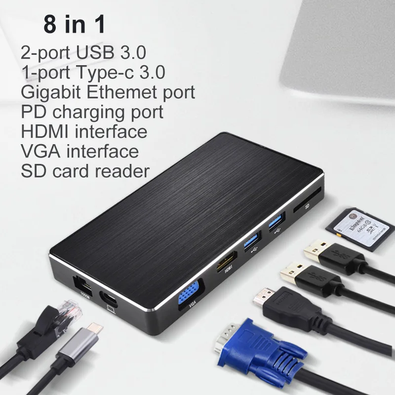 OFCCOM док-станция с usb-gортом все-в-одном USB C конвертер в HDMI VGA RJ45 PD адаптер для MacBook samsung Galaxy S10/S9 Тип C концентратор - Цвет: 8-in-1 Black