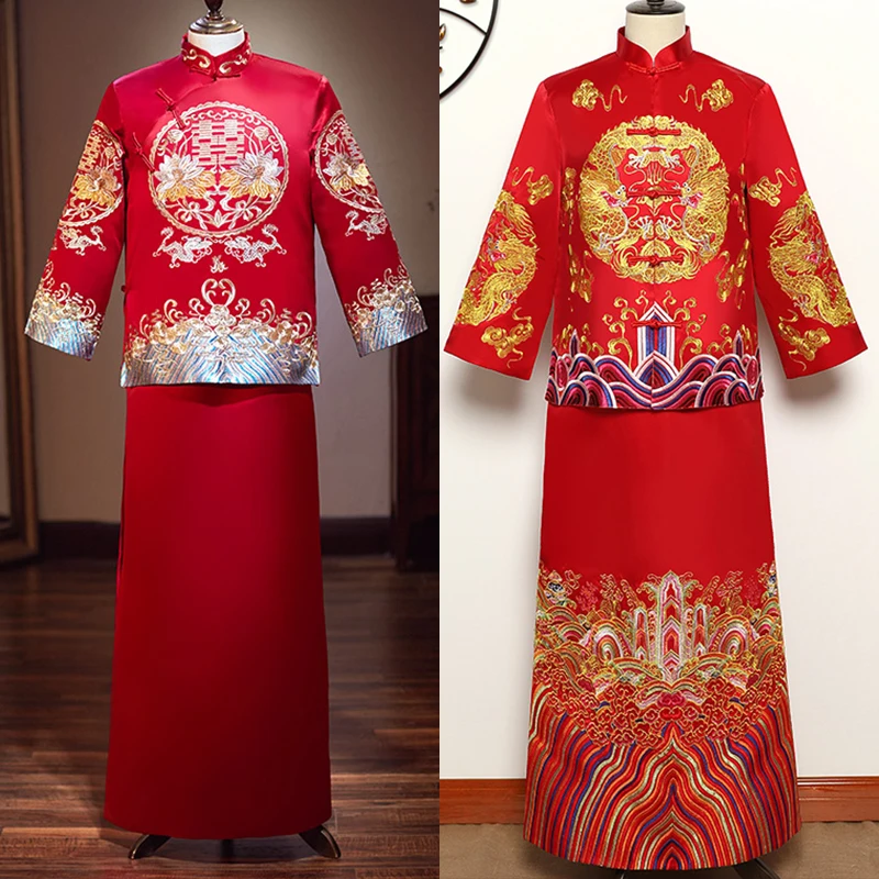 Красный праздничный костюм жениха с длинными рукавами китайский жених свадебное платье с драконами мужской костюм ликования костюм Тан
