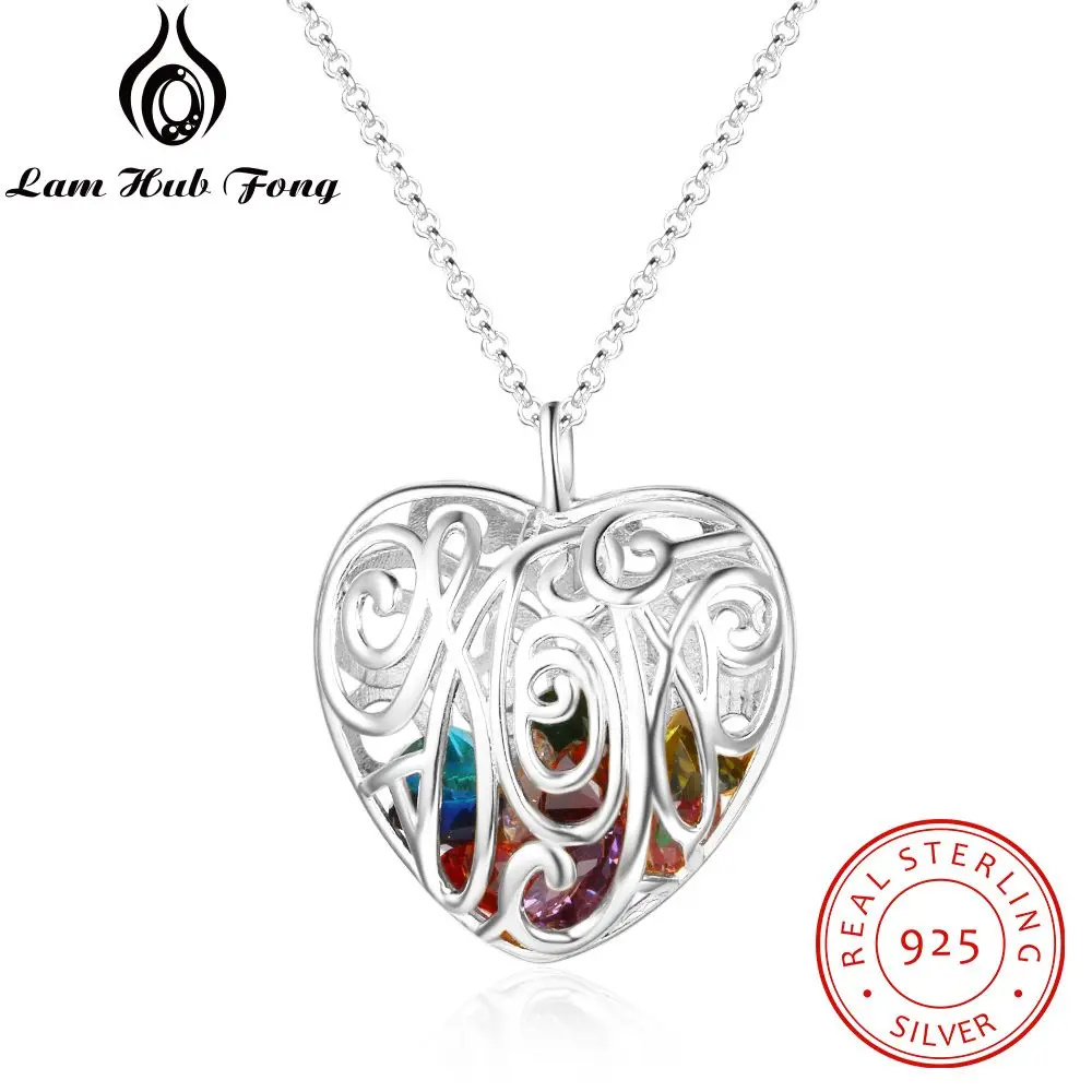 Personalized 925 Sterling Silver Heart Pendant Necklace Birthstone Hollow Out Cage Necklace Jewelry Gift for Wife (Lam Hub Fong)