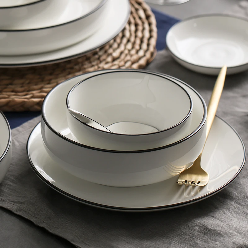 Керамическая тарелка в простом европейском стиле с черной полоской, китайская тарелка для супа, 4, 6, 7, 8, 10 дюймов, тарелка для рыбы