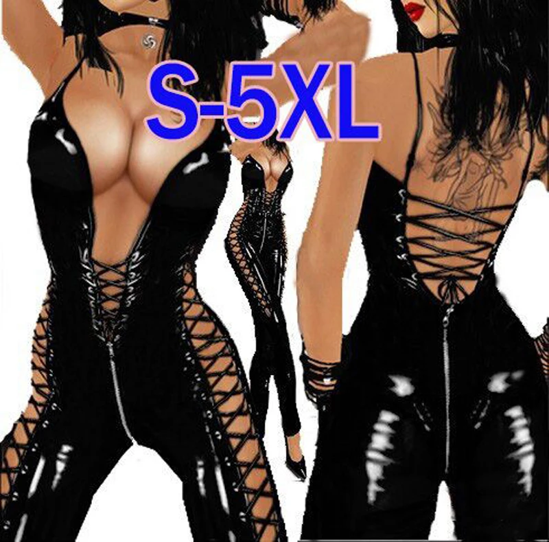 

Plus Size 3XL 4XL 5XL Sexy Women Black Latex Catsuit Costume Hot Erotic Faux Leather Bodysui Lace Up Jumpsuit Catwoman Clubwear