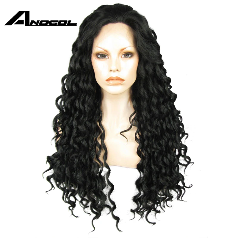 

Anogol Black Long Kinky Curly Wigs High Temperature Fiber Brazilian Hair Peruca Afro Full Synthetic Lace Front Wig For Women