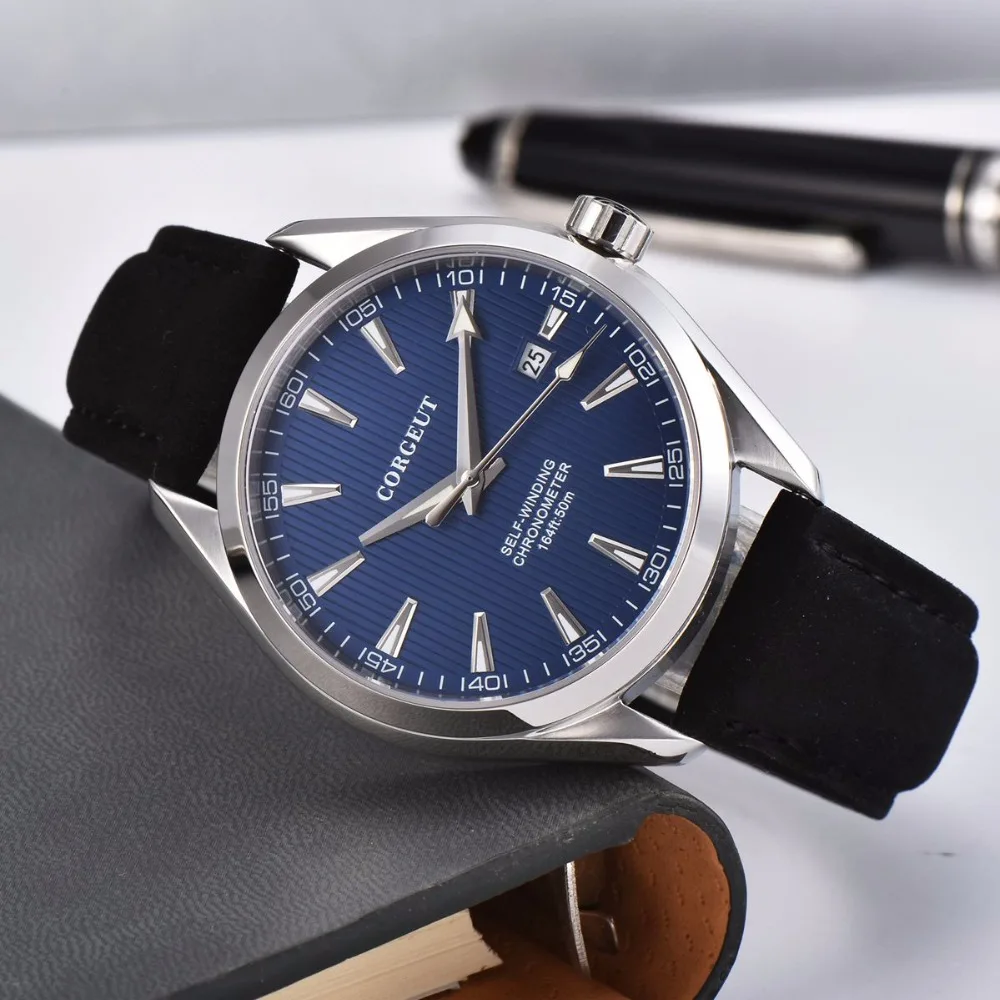 Роскошный бренд Corgeut 41 мм Мужские часы с кожаным календарем Автоматические Мужские часы с синим циферблатом и сапфировым стеклом мужские часы