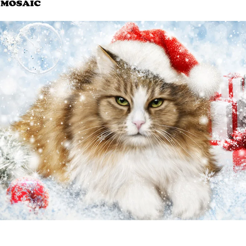 

5D Diamond Embroidery Cat Christmas Winter Snowflakes animal Picture Diamond Mosaic Needlework Diamond painting Home Decor