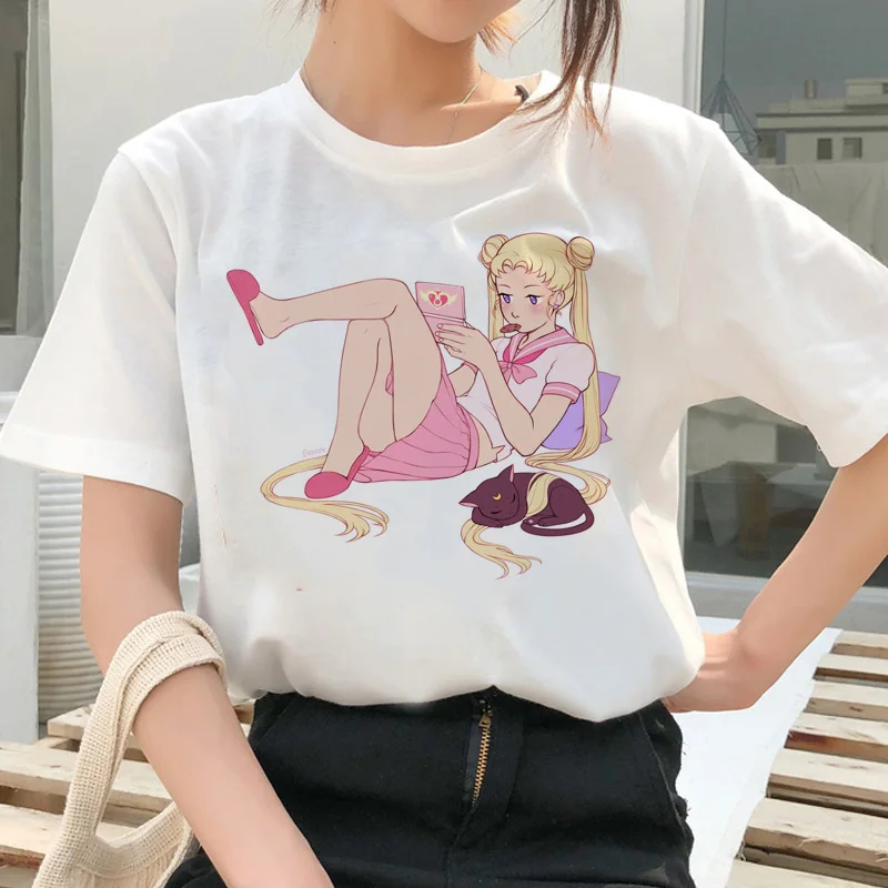 

Sailor Moon Funny Women Harajuku T Shirt korean Female Summer Fashion clothes Cute Ulzzang Tshirt Cartoon T-Shirt grunge Cat