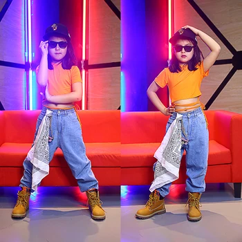 

Children 2019 Hip Hop Dance Costumes Street Dance Clothing Girls Yellow Tops Pants 2pcs Jazz Stage Costumes For Kids DQS2128