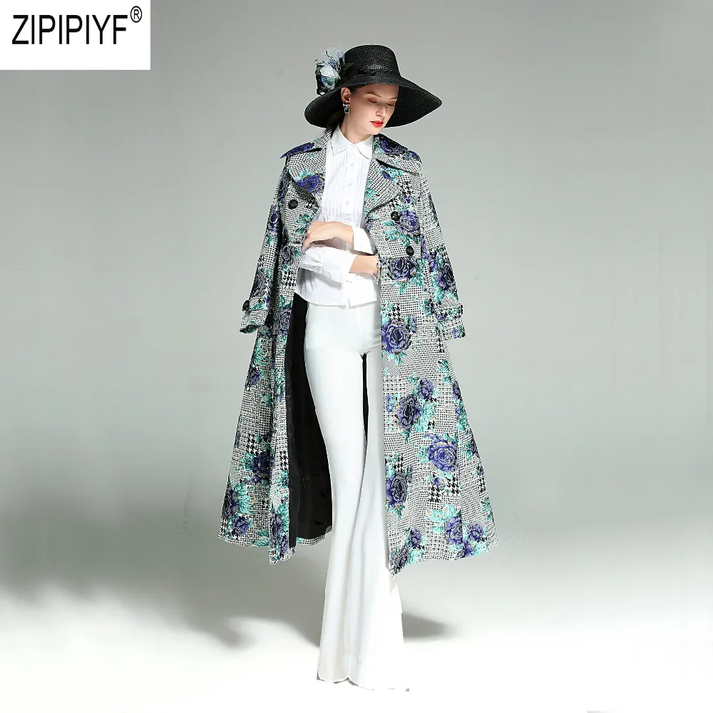 

2018 Plus Size Autumn Winter Fashion Long Coat Florals Embroidery Luxury Trench Women Double Breasted Slim Outwear Coat C3069