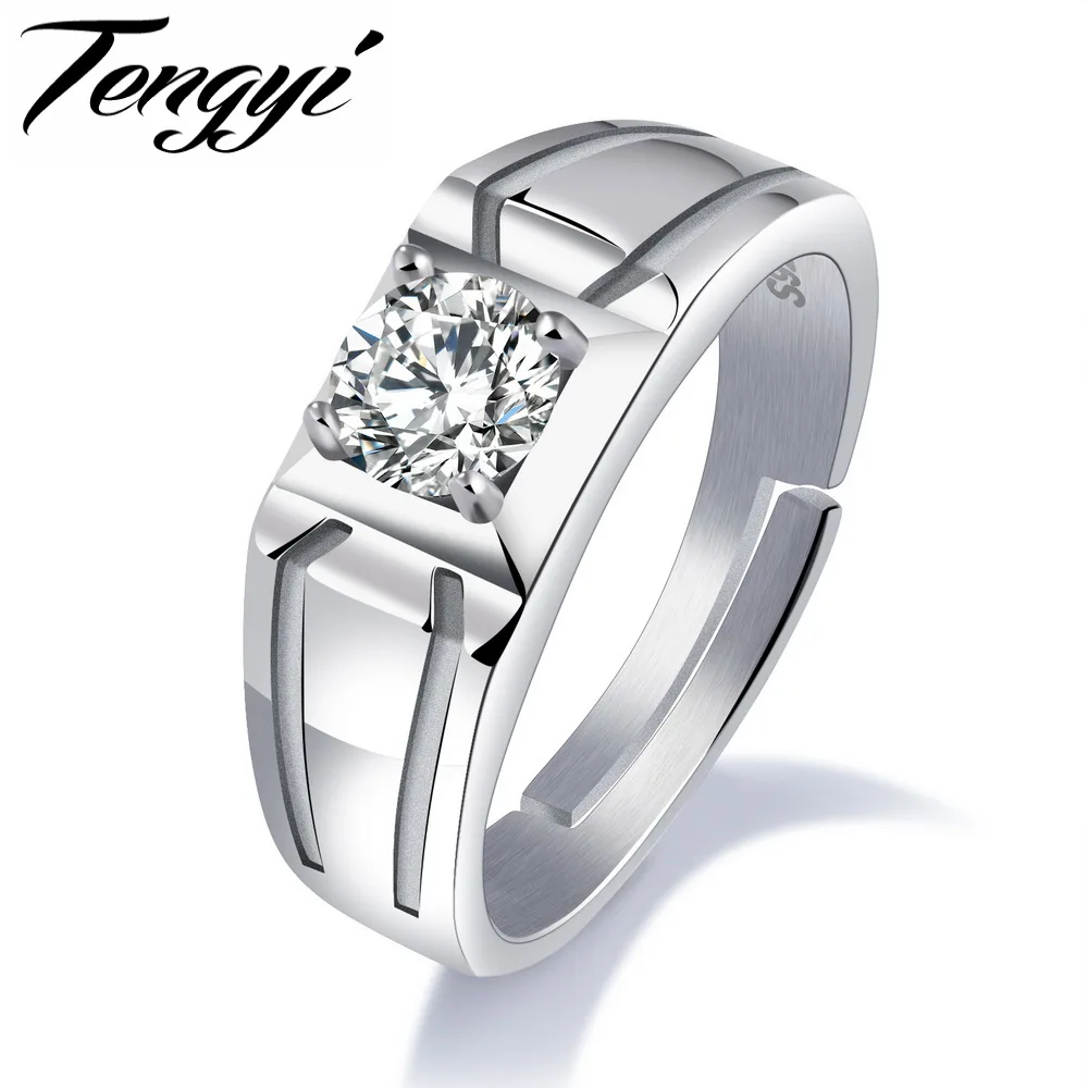 TENGYI 925 Sterling Silver Men Ring Cubic Zircon Simple Double Dent