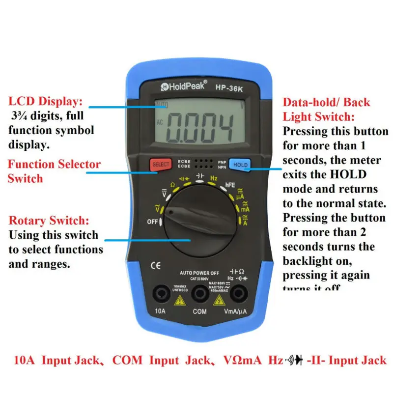 

HoldPeak HP-36K AC/DC Auto Range Portable Digital Multimeter Meter Resistance/ Capacitance/ Frequency Test