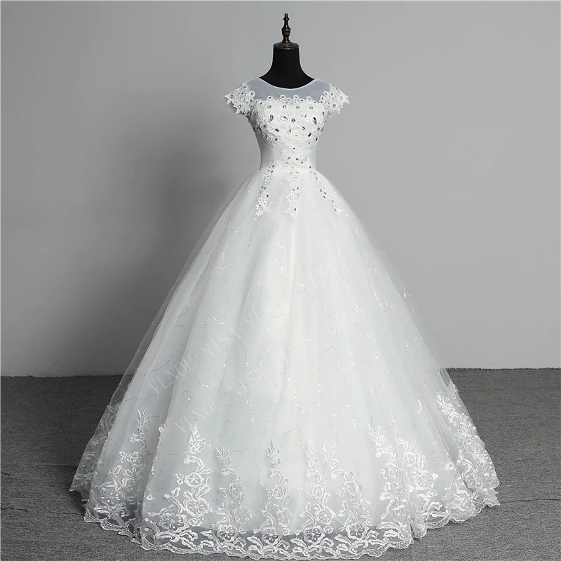 Свадебное платье на заказ, Новое поступление, кружевное платье принцессы с вышивкой и кристаллами, круглым вырезом и коротким рукавом, Vestidos De Novia