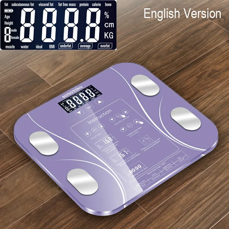 Горячая английская версия электронные умные весы для взвешивания в ванной комнате жир b mi Весы Цифровой человеческий вес mi весы напольный ЖК-дисплей - Цвет: Фиолетовый