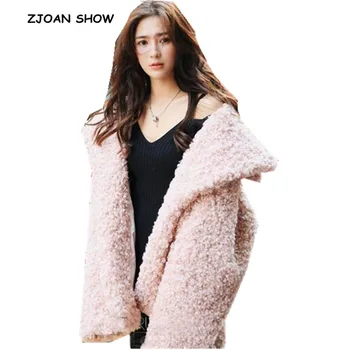 

2018 New Women Winter Sweet Pink Curly Circle Hairy Shaggy Faux Sheep Fur Coat Turn-Down Collar Oversized Jacket Outwear