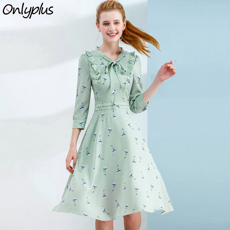 Koop ALLEEN PLUS S XXL Kraan Vogel Print Jurk Zoete Corset Slanke mode Lente Zomer Chiffon Dresse een lijn Elegante Vrouwelijke Party jurk
