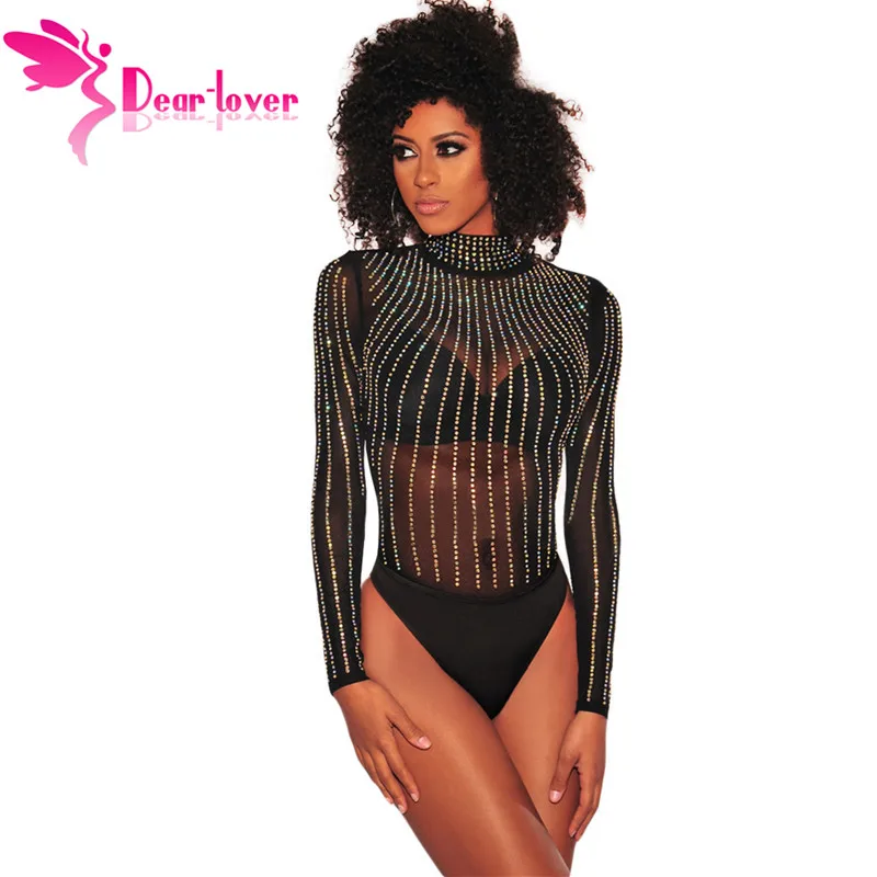 

Dear Lover 2019 New Spring Long Sleeve Sexy Bodysuit Women Romper Mesh Rhinestone Embellished Mock Neck Skinny Bodysuits LC32341