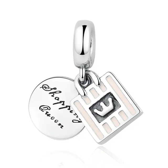 925 Sterling Silver Soft Pink Enamel Shopping Queen Dangle Charm Fit