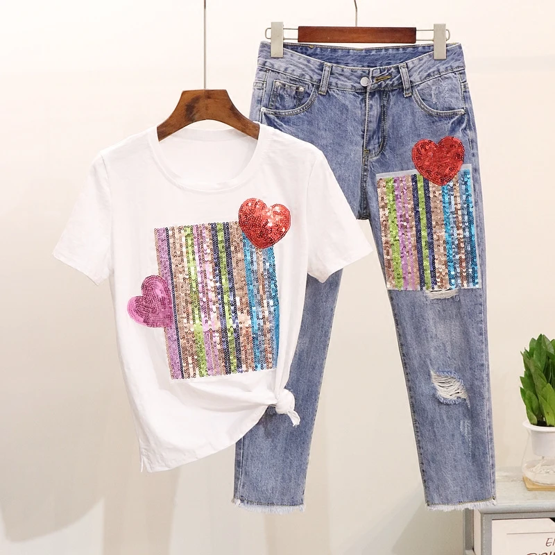 M-5XL, женские летние расшитые блестками Футболки с сердцем, джинсовые штаны, комплекты, хлопковая футболка+ штаны длиной до щиколотки, брюки с дырками, комплект из 2 предметов