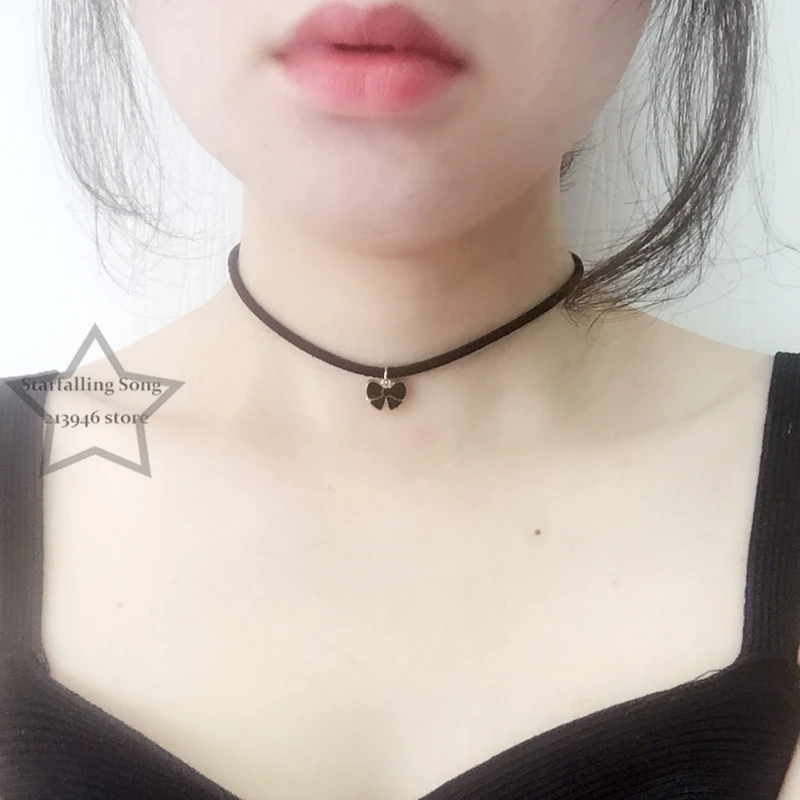 

Free Shipping Handmade Black Bowknot Charm Black Velvet Leather Ropes & Stainless Steel Chokers Necklace Jewelry Necklaces