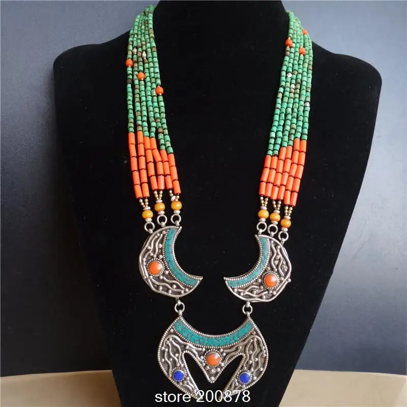 TNL588 Master Design Nepal Indian brass inlaid Stone coral Big Round pendant necklace Multi Statements Big BOHO Necklace