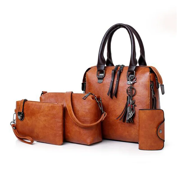brown set Gusure Для женщин композитная сумка с кисточкой роскошный кожаный кошелек Сумки, сумка в руку, известный фирменный дизайн с верхней ручкой женская сумка 4 шт./компл - Цвет: brown set