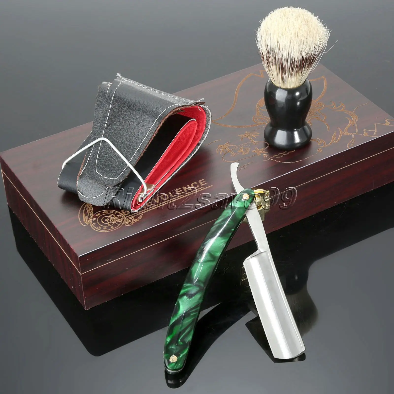Новое поступление 4 в 1 мужской парикмахерский бритвенный набор прямая бритва+ кожаный ремешок+ щетка для бритья+ деревянная коробка для подарочный набор для мужчин