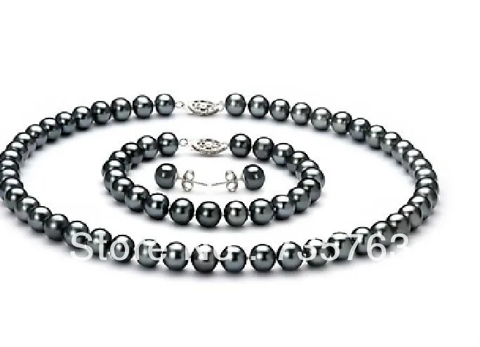 

Free shipping xiuli 0011 a sets of tahitian 9-10mm black pearl necklace earring and bracelet 14KGP gold