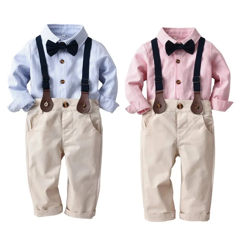 Комплект одежды для маленьких мальчиков осень рубашка с длинными рукавами + штаны в полоску джентльменская Бабочка рубашка с длинными