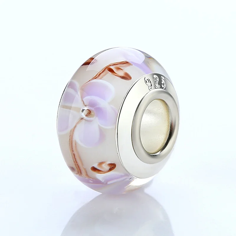 

High Quality Silver Color Light Purple Flower European Glass Beads Fot Women DIY Bracelets Necklace Jewelry WEU6354