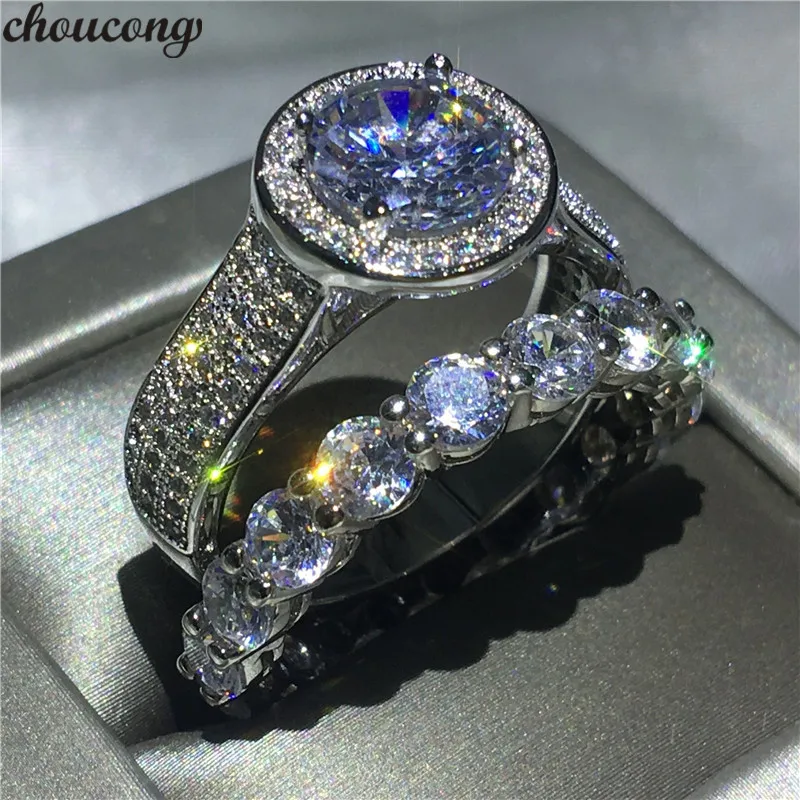 

choucong solitaire ring set 2ct Clear 5A zircon Cz White Gold Filled 925 silver Engagement Wedding Band Rings For Women Men