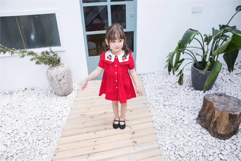 2019 Crianças Roupas Meninas Coreanas Vestido Navy Vento Lapela Vestido Cereja