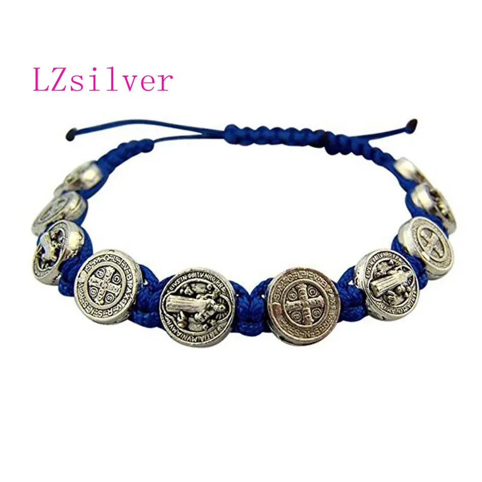 

5 Pcs Silver Saint St Benedict Medal on Adjustable Blue Cord Bracelets 8 Inch B-41