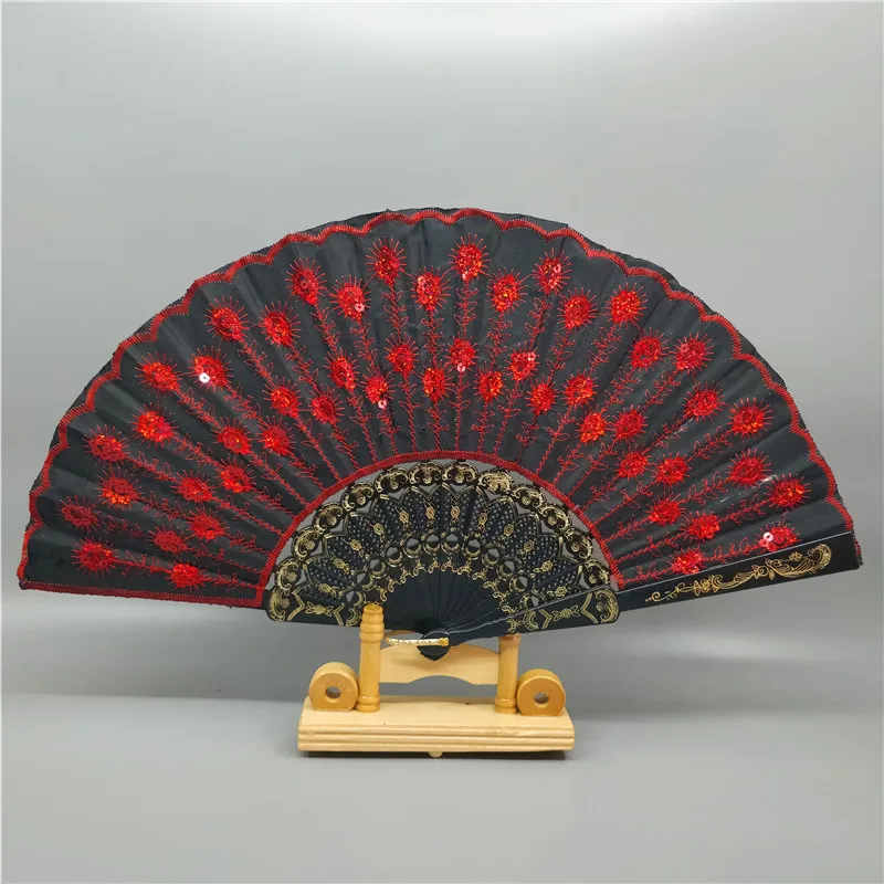 

Art Folding Peacock Tail Feather Plastic Bone Sequins Carved Hand Fan Summer Accessory Crafts Print Home Decor Embroidery