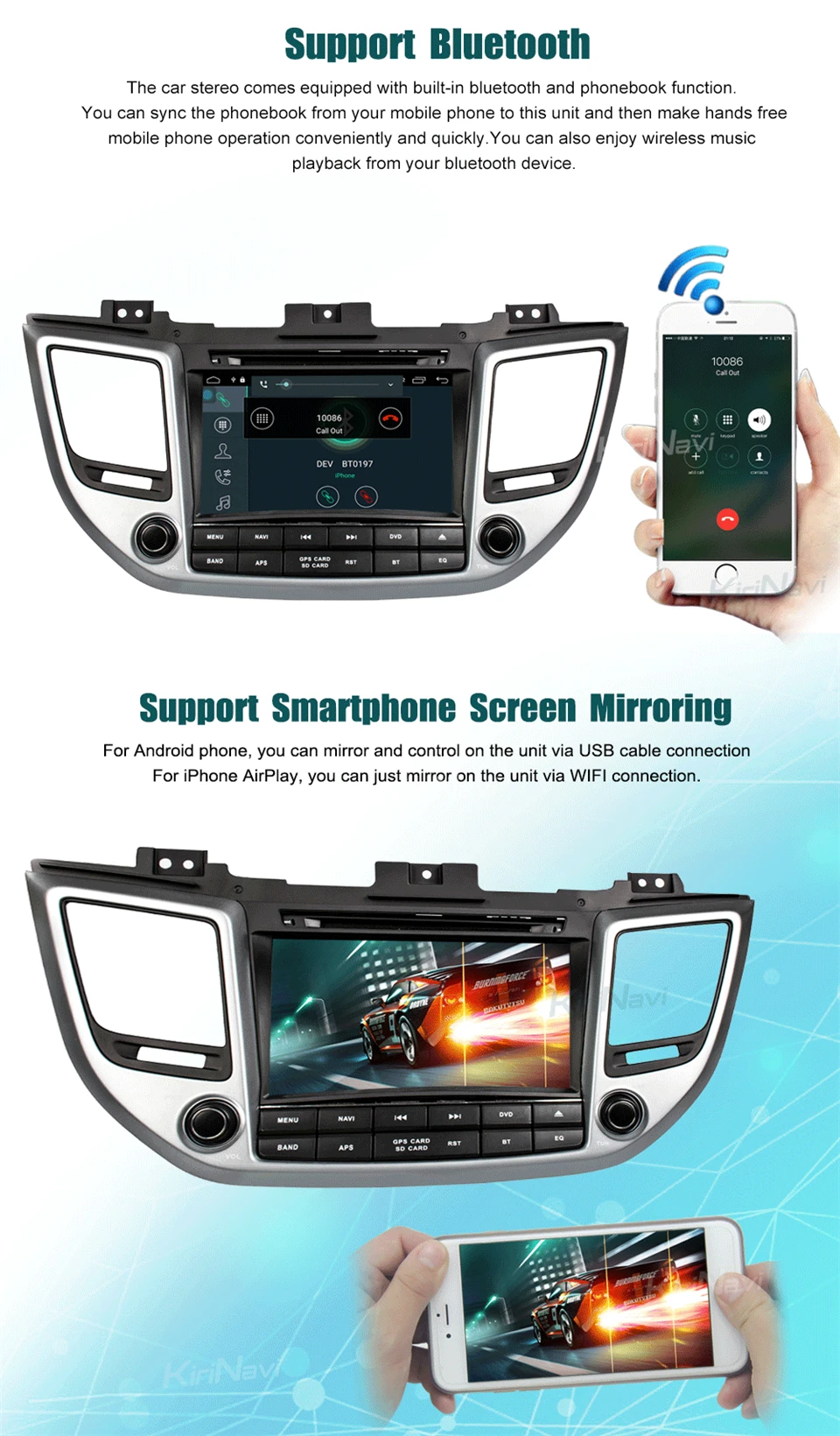 Discount KiriNavi Octa core 4G LET android 7 car dvd player for Hyundai IX35 Tucson gps navigation 2015 support 4K Video 4G 4