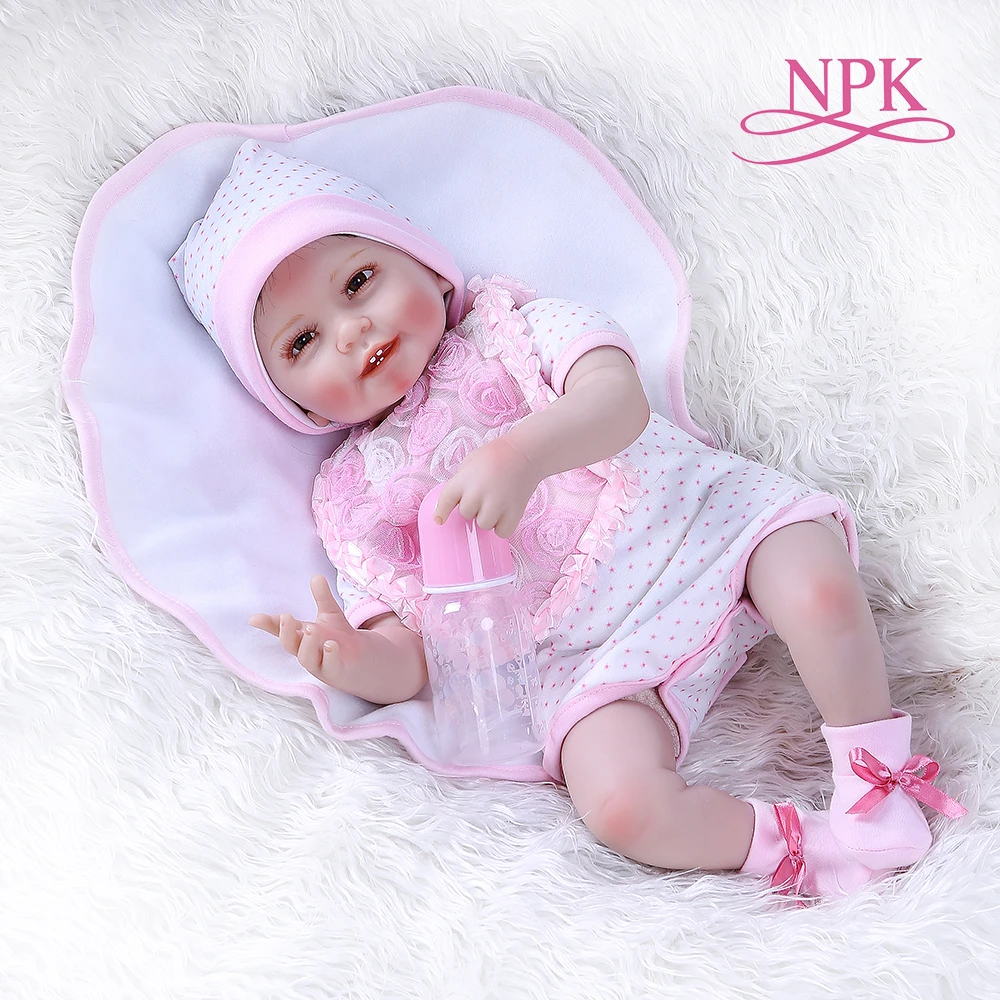 

55CM 0-3Month real baby size smile baby with teeth realitic reborn baby doll lifelike soft touch weighted body doll pink dress