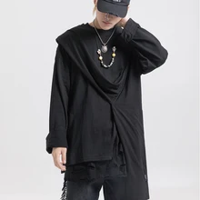 Dark Icon Solid Color Irregular Hem Street Men's T-shirt Long Sleeve Round Neck High Fashion Streetwear Tshirt Men Women 3Color blue splited design round neck irregular hem t shirt