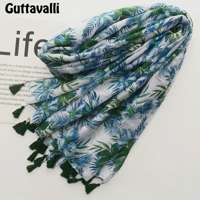 Guttavalli для женщин синий зеленый цветы ленточки Мягкие Длинные шаль солнцезащитный крем Женский хлопок листок на шарф Богемия Цветочный