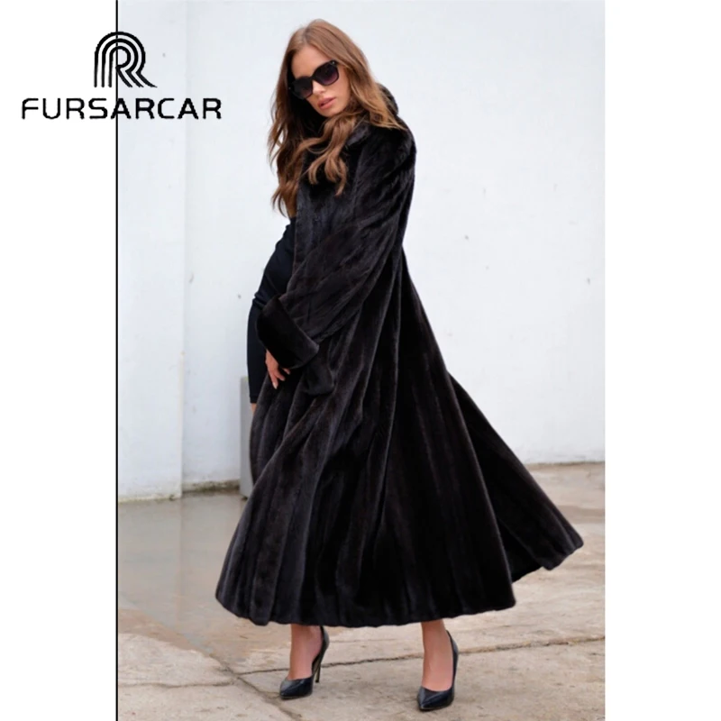 FURSARCAR 2018 Мода натуральной норки пальто Для женщин из натуральной кожи норки женский пальто с отложной воротник роскошные меховые