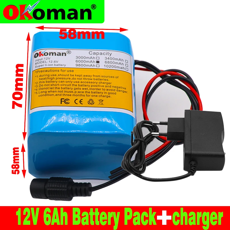 Okoman Высококачественный аккумулятор 12 V 6000 mAh 18650 литий-ионная аккумуляторная батарея 6Ah DC12.6V портативная батарея+ зарядное устройство