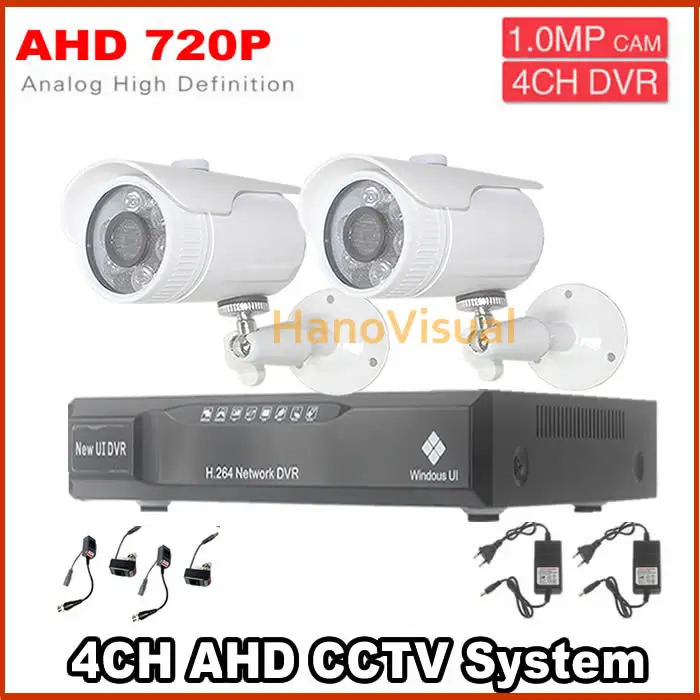 

AHD DVR recorder surveillance system 2pcs720P 1.0MP Weatherproof Outdoor cctv camera with h. 264 AHD DVR KITS 4CH Auido in