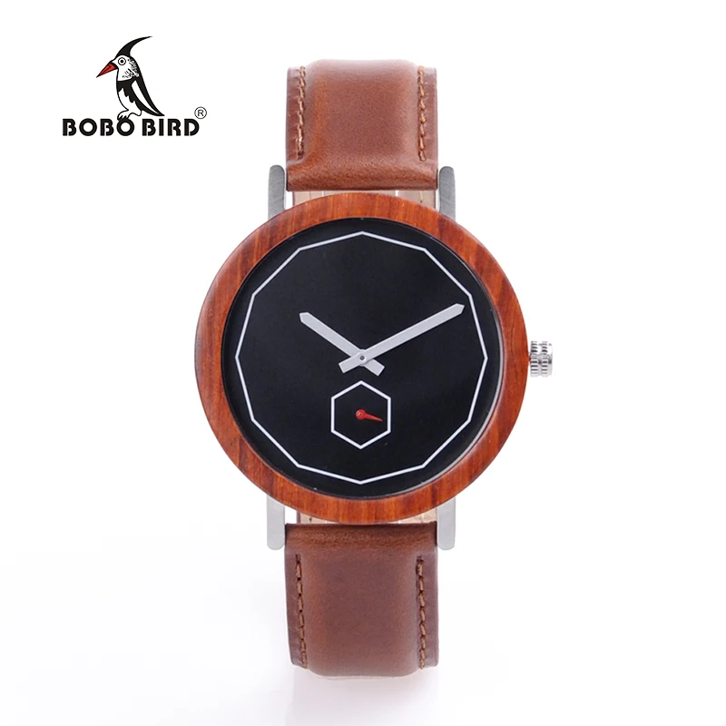 BOBO BIRD Mens Watches Unique Handmade Wood Quartz Wristwatches Male Metal back cover Leather strap in Gift wood Box Custom logo
