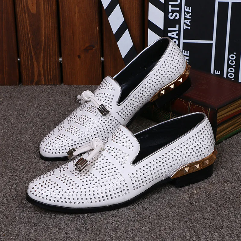 

Crystal Handmade Slip-on Plus Size Sequins Brand England Dress Shoes Man Wedding Fluorescence Rhinestone Trend Men Leather Shoes