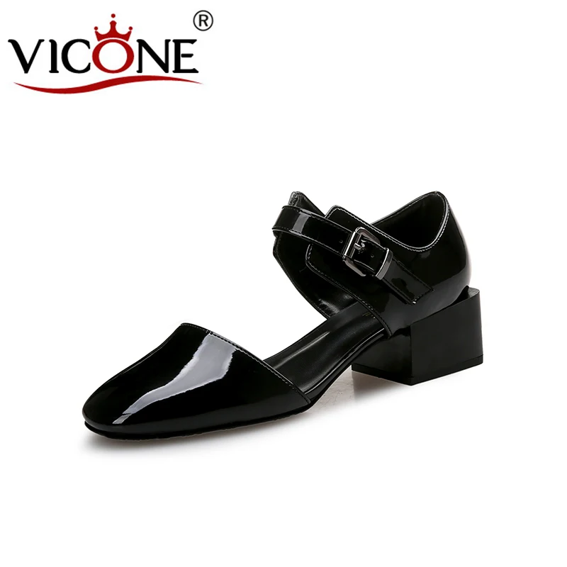 

VICONE Women Summer Patent Leather Pointed Toe Casual Retro Fashion Square Heels V10044