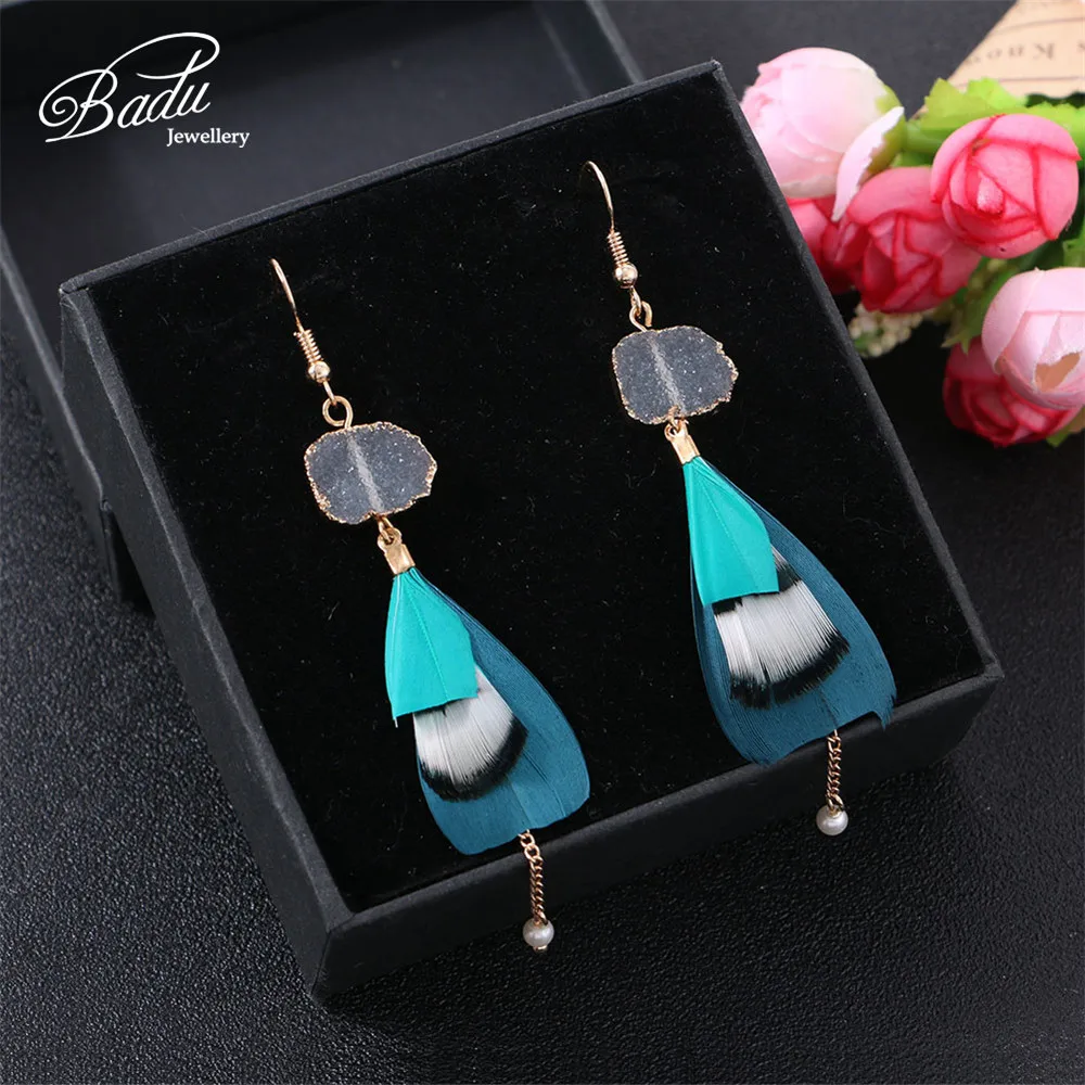 

Badu Triangular Rooster Feather Earring Long Dangle Drop Boho Earrings for Women Vintage Bohemian Jewelry Resin Wholesale
