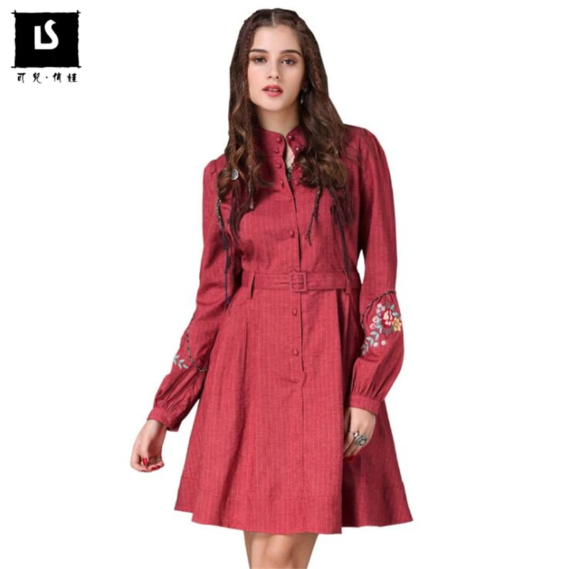 

Dress Women 2018 New Vintage Streetwear Cotton Linen Flower Embroidery Dress Lantern Sleeve Belt Slim waist Casual Dresses Women