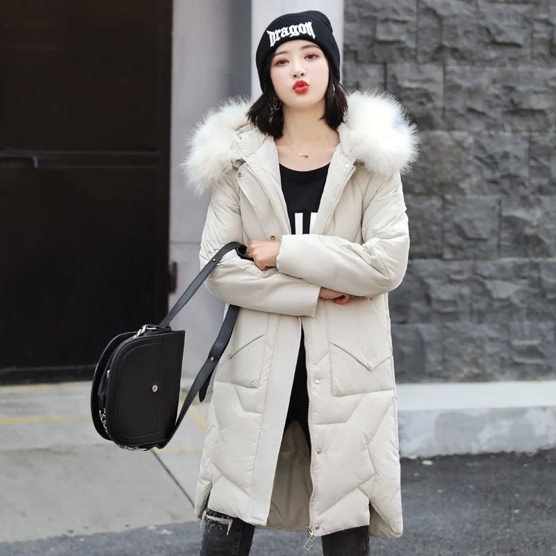 Женская зимняя куртка в Корейском стиле, теплая, с капюшоном, с меховым воротником, Женская куртка, длинная парка - Цвет: Бежевый