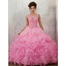 Розовый пышные Дешевые Quinceanera платья для женщин бальные платье с цельнокроеным рукавом органза оборками бисером кристаллы сладкий 16
