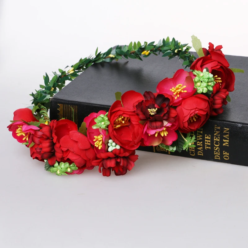 flower wreath for women wedding red rose floral bridal hair crown