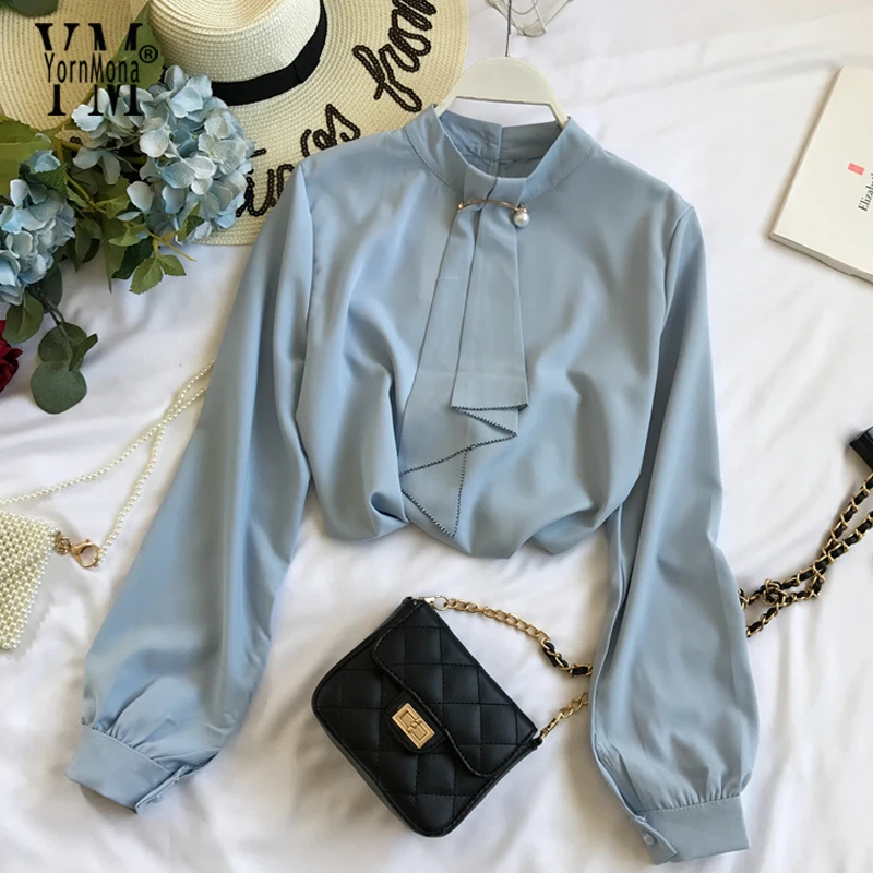 

YornMona Harajuku Spring Autumn Blouse Women Long Sleeve Shirts Fashion Leisure Chiffon Shirt Bow Office Ladies Pink White Tops
