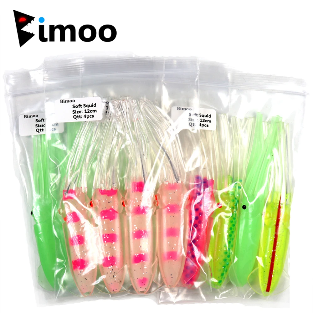 Bimoo 1Bags = 4Pcs 12Cm 14Cm 17Cm Soft Squid Lures Jigging Game Fishing Saltwater Fishing Bait Octopus Verde Luminoso Per Impianti Fai Da Te