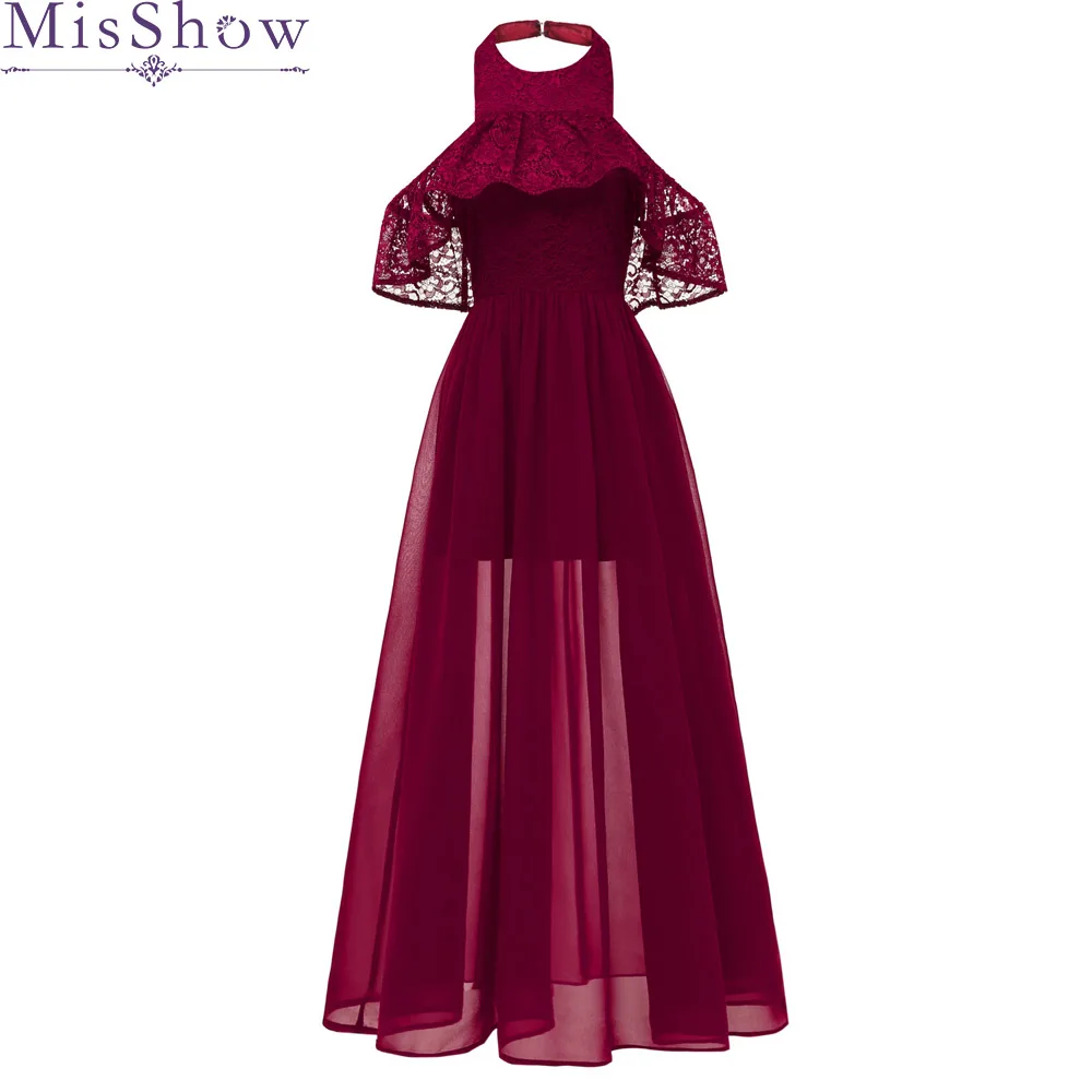 

Cheap Long Chiffon Burgundy Bridesmaid Dresses 2019 A-Line Vestido De Festa De Casamen Halter Lace Formal Party Prom Dresses