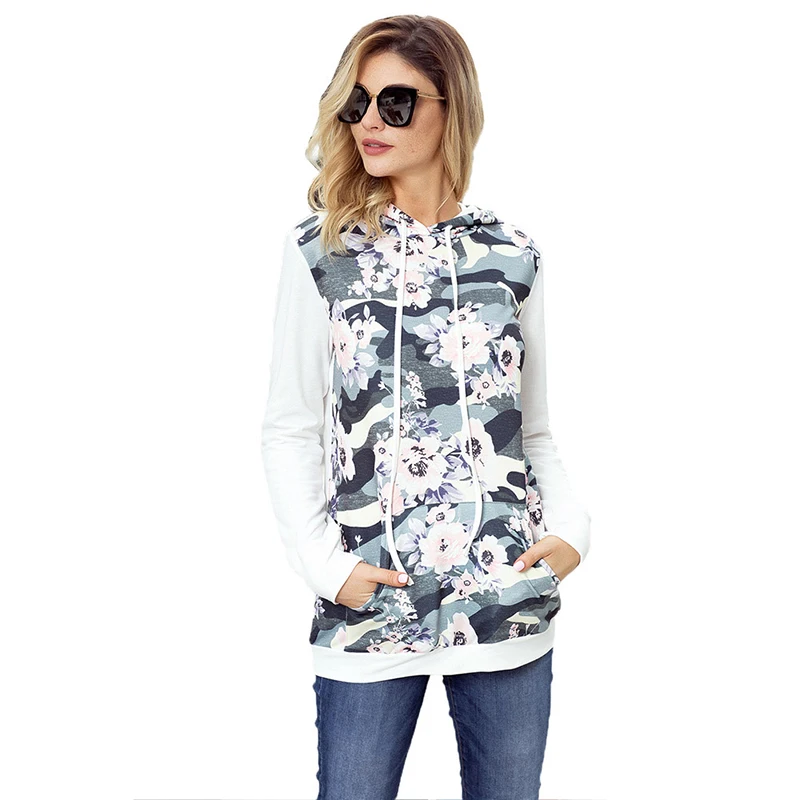Осень весна Для женщин Повседневное Толстовка темно Kangroo карман Floral Hoodie
